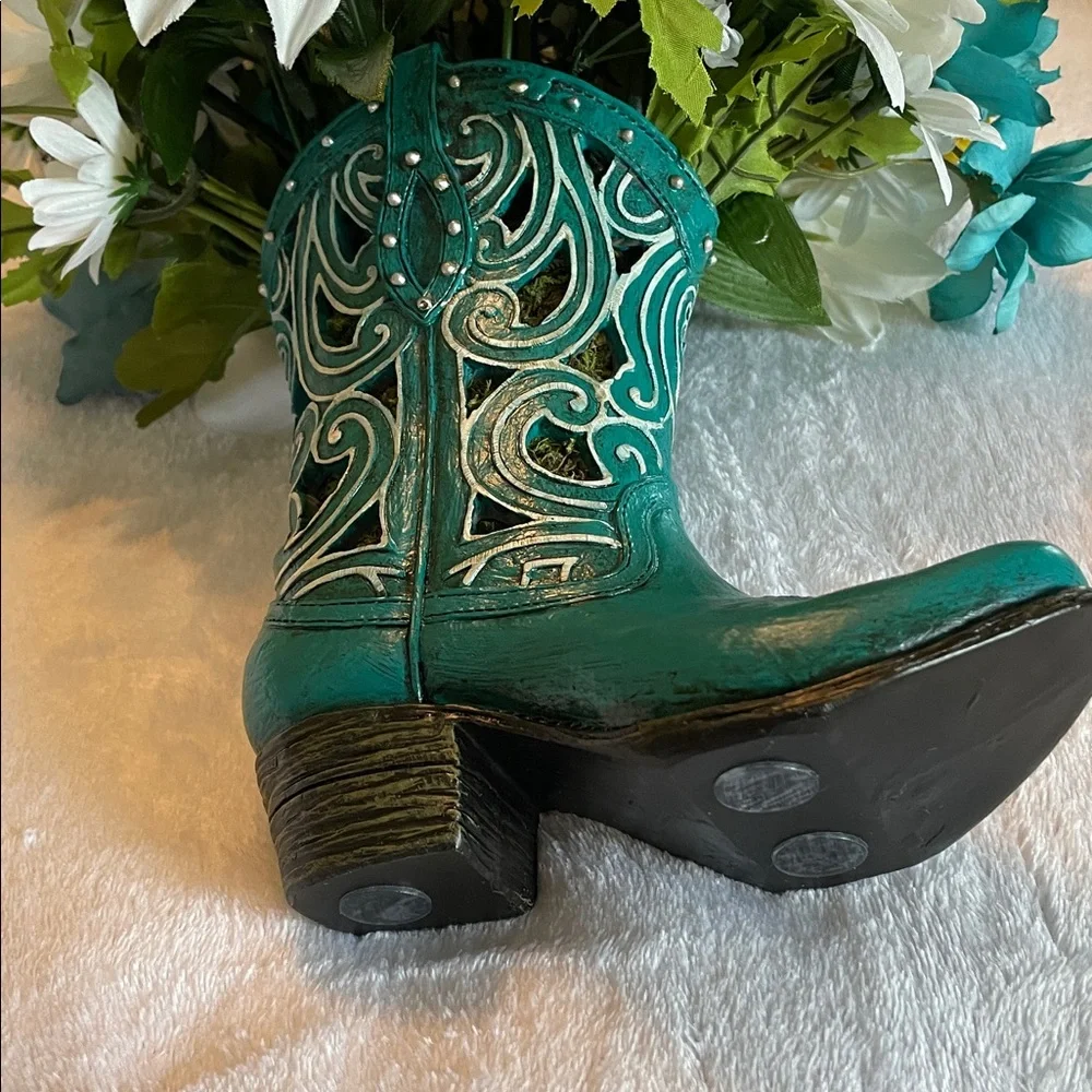Sweet Silk Arrangement in a Turquoise Boot-Home or Office Decor